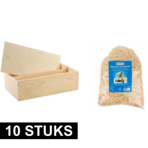 10x Houten wijnkist/wijndoosje dubbel vak met schuifdeksel en 500 gram houtwol 10171137