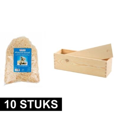 10x Houten wijnkist/wijndoosje met schuifdeksel en houtwol / vulmateriaal 10171126