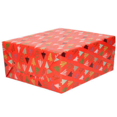 1x Rollen Kerst inpakpapier/cadeaupapier rood/gekleurde bomen 2