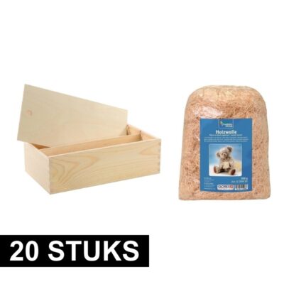 20x Houten wijnkist/wijndoosje dubbel vak met schuifdeksel en 1000 gram houtwol 10171138