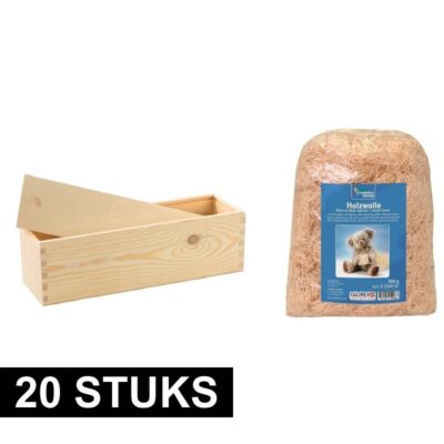 20x Houten wijnkist/wijndoosje met schuifdeksel en houtwol / vulmateriaal 10171127