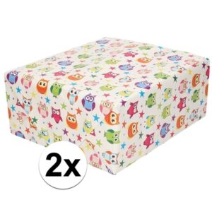 2x Gekleurde uiltjes inpakpapier/cadeaupapier 200 cm per rol 10158867