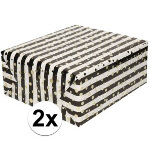 2x Gemetaliseerd inpakpapier/cadeaupapier wit/ zwarte streepjes en gouden ballen 150 cm per rol 10158829