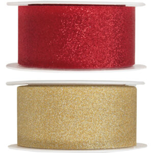 2x Hobby/decoratie rood en gouden sierlinten met glitters 3 cm/30 mm x 5 meter 10251226