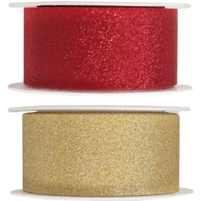 2x Hobby/decoratie rood en gouden sierlinten met glitters 3 cm/30 mm x 5 meter 10251226