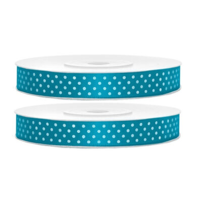 2x Hobby/decoratie turquoiseblauwe satijnen sierlinten met witte stippen 1