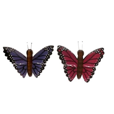 2x Houten dieren magneten paarse en roze vlinder 10108377