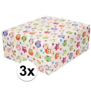 3x Gekleurde uiltjes inpakpapier/cadeaupapier 200 cm 10158870