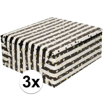 3x Gemetaliseerd inpakpapier/cadeaupapier wit/ zwarte streepjes en gouden ballen 150 cm per rol 10158832