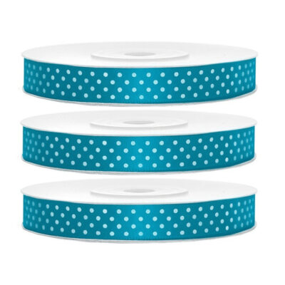 3x Hobby/decoratie turquoiseblauwe satijnen sierlinten met witte stippen 1