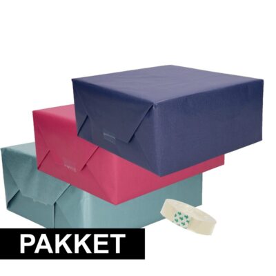 3x kraft cadeaupapier met rolletje plakband blauw/roze/donkerblauw 10105958