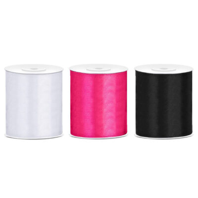 3x rollen hobby decoratie satijnlint zwart-wit-fuchsia roze 10 cm x 25 meter 10252944