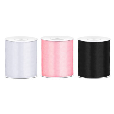 3x rollen hobby decoratie satijnlint zwart-wit-licht roze 10 cm x 25 meter 10252946