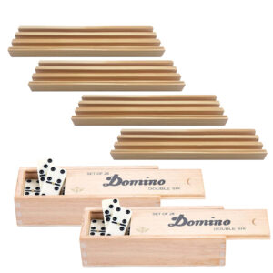 4x Dominostenenhouder met 2x domino spel in houten doos 56x stenen 10333442