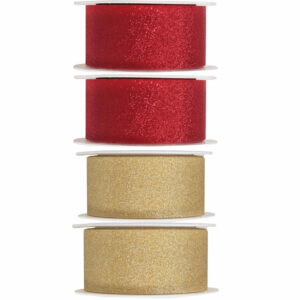 4x Hobby/decoratie rood en gouden sierlinten met glitters 3 cm/30 mm x 5 meter 10251442