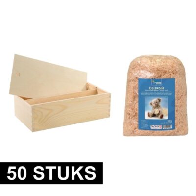 50x Houten wijnkist/wijndoosje dubbel vak met schuifdeksel en 1050 gram houtwol 10171139