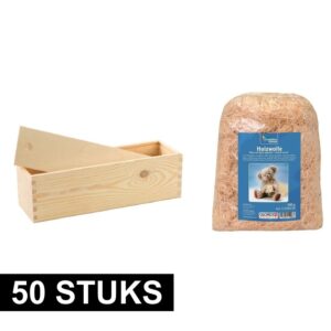 50x Houten wijnkist/wijndoosje met schuifdeksel en houtwol / vulmateriaal 10171131