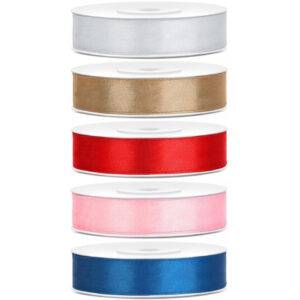 5x rollen satijnlint zilver-goud-rood-roze-blauw 1