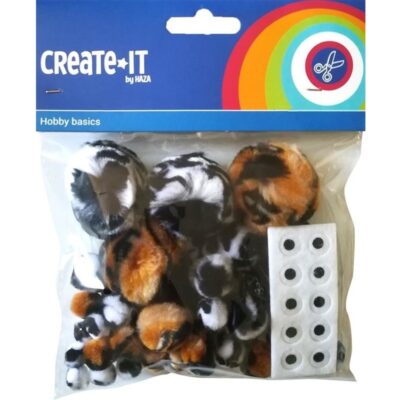 65x Dierenprint hobby pompoms met 10 plakoogjes 10173218