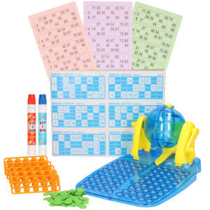 Bingo spel blauw/geel complete set nummers 1-90 met molen/148x bingokaarten/2x stiften 10225376