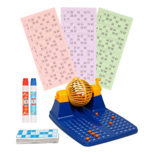 Bingo spel blauw/geel/oranje complete set nummers 1-90 met molen/148x bingokaarten/2x stiften 10225485