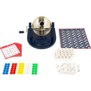 Bingo spel blauw/goud/wit complete set 21 cm nummers 1-75 met molen en bingokaarten 10225273