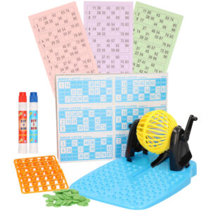 Bingo spel gekleurd/geel complete set nummers 1-90 met molen/148x bingokaarten/2x stiften 10225470