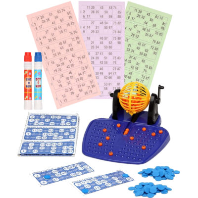 Bingo spel gekleurd/oranje complete set nummers 1-90 met molen/148x bingokaarten/2x stiften 10225482