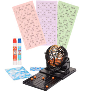 Bingo spel zwart/oranje complete set nummers 1-90 met molen/148x bingokaarten/2x stiften 10225474