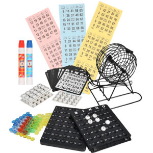 Bingo spel zwart/wit complete set 19 cm nummers 1-75 met molen/168x bingokaarten/2x stiften 10225476