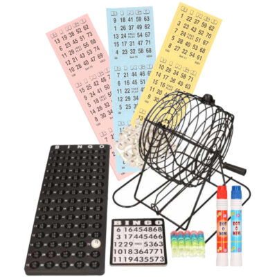 Bingo spel zwart/wit complete set 29 cm nummers 1-75 met molen/168x bingokaarten/2x stiften 10225478