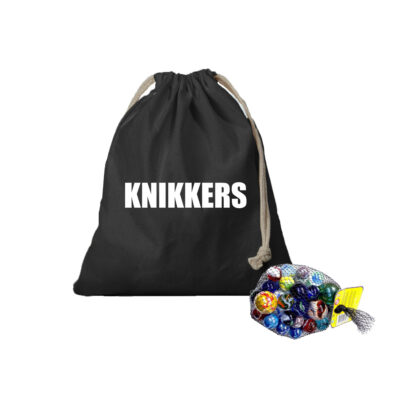 Canvas knikkers opbergzakje met koord zwart en 1 kilo knikkers bonken - Knikkerzak 10320470