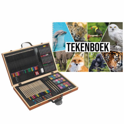 Complete teken/schilder doos 88-delig met een A4 Dieren schetsboek 10249904