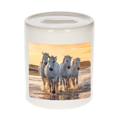 Dieren foto spaarpot wit paarden 9 cm - paarden spaarpotten jongens en meisjes 10250826