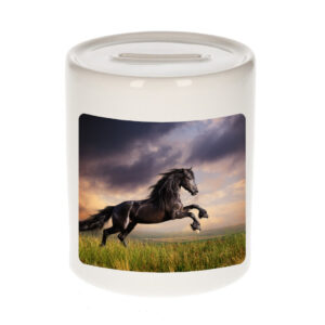 Dieren foto spaarpot zwart paard 9 cm - paarden spaarpotten jongens en meisjes 10250824