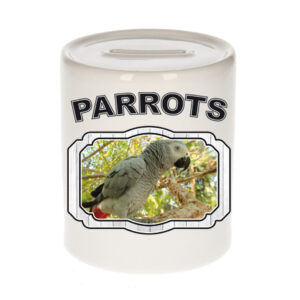 Dieren grijze roodstaart papegaai spaarpot - parrots/ papegaaien spaarpotten kinderen 9 cm 10257132