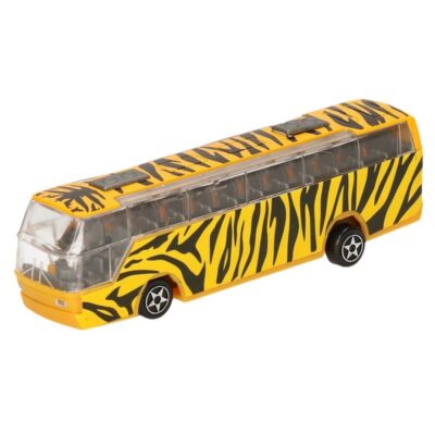 Een bus speelgoedauto geel met een zebra print 14 cm 10125764