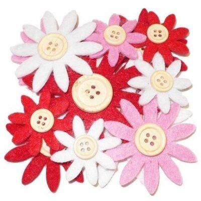 Hobby vilt 12 rood/wit/roze vilten bloemen met knoop 3