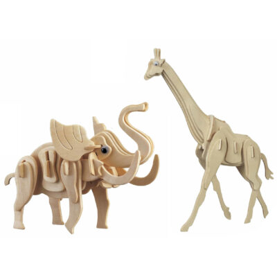 Houten 3D dieren puzzel bouwpakket set Olifant en Giraffe 10331488