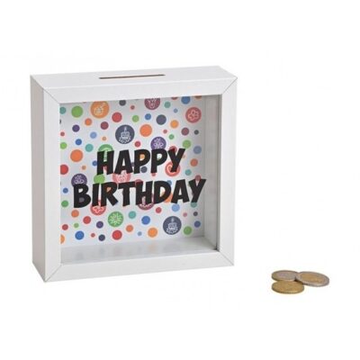 Houten witte spaarpot Happy Birthday met glas 15 cm 10140580