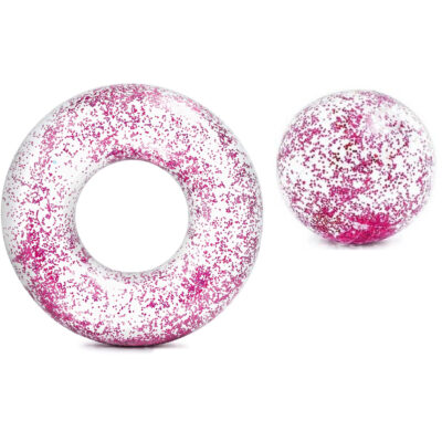 Intex set opblaasbare roze glitter zwemband/zwemring met strandbal 10225062