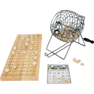 Luxe bingo spel metaal/hout complete set nummers 1-75 met molen en bingokaarten 10021952