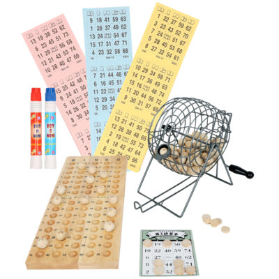 Luxe bingo spel metaal/hout complete set nummers 1-75 met molen/174x bingokaarten/2x stiften 10225387