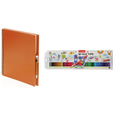 Schetsboek/tekenboek oranje met 50 viltstiften 10204055