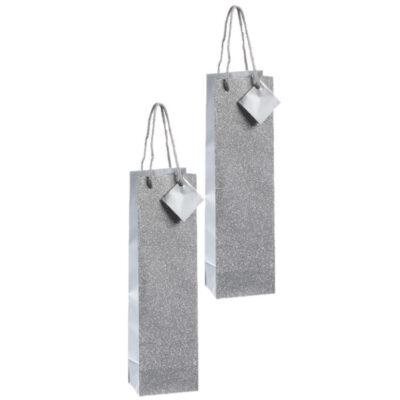 Set van 2x stuks luxe papieren wijn/drank giftbags/cadeau tasjes zilver met glitters 10 x 35 x 8 cm 10331806