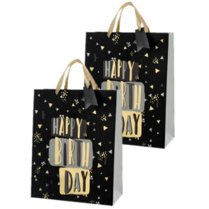 Set van 4x stuks papieren verjaardag giftbags/cadeau tasjes Happy Birthday zwart 25 x 32 x 12 cm 10331752