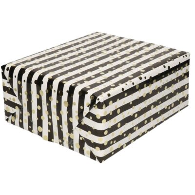 Set van 5x stuks gemetaliseerd inpakpapier/cadeaupapier wit/ zwarte streepjes en gouden ballen 150 x 70 cm 10233735