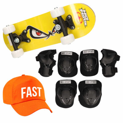 Skateboard set voor kinderen L 9-10 jaar/valbescherming/fast pet/skateboard met print 43 cm geel 10294405