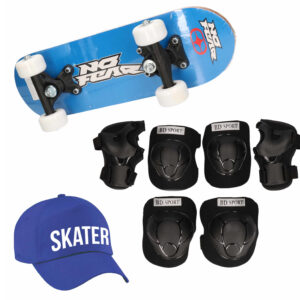 Skateboard set voor kinderen L 9-10 jaar/valbescherming/skater pet/skateboard met print 43 cm blauw 10293893