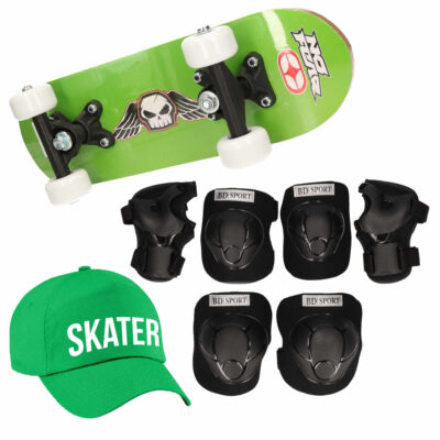 Skateboard set voor kinderen L 9-10 jaar/valbescherming/skater pet/skateboard met print 43 cm groen 10294400